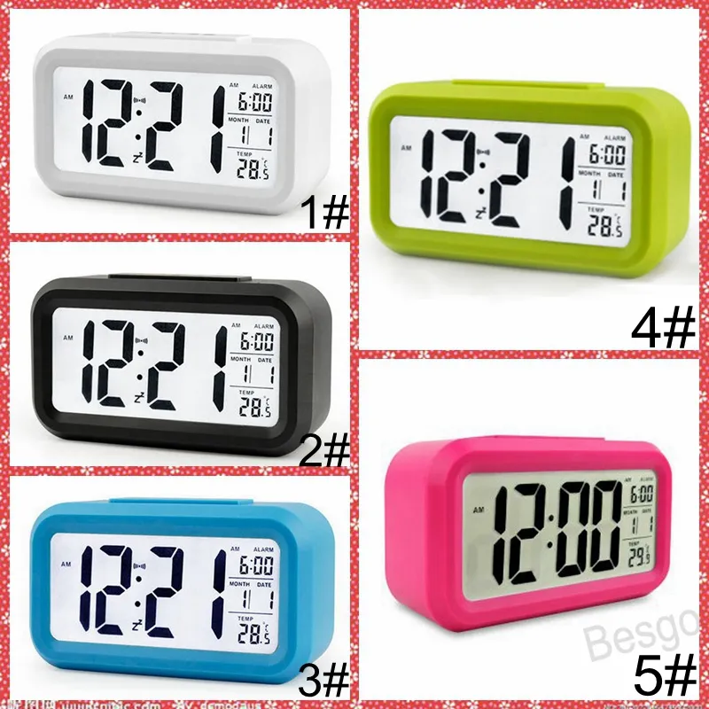 Muet Réveil Plastique LCD Horloge Intelligente Température Mignon Photosensible Chevet Numérique Réveils Snooze Veilleuse Calendrier BH4298 WXM