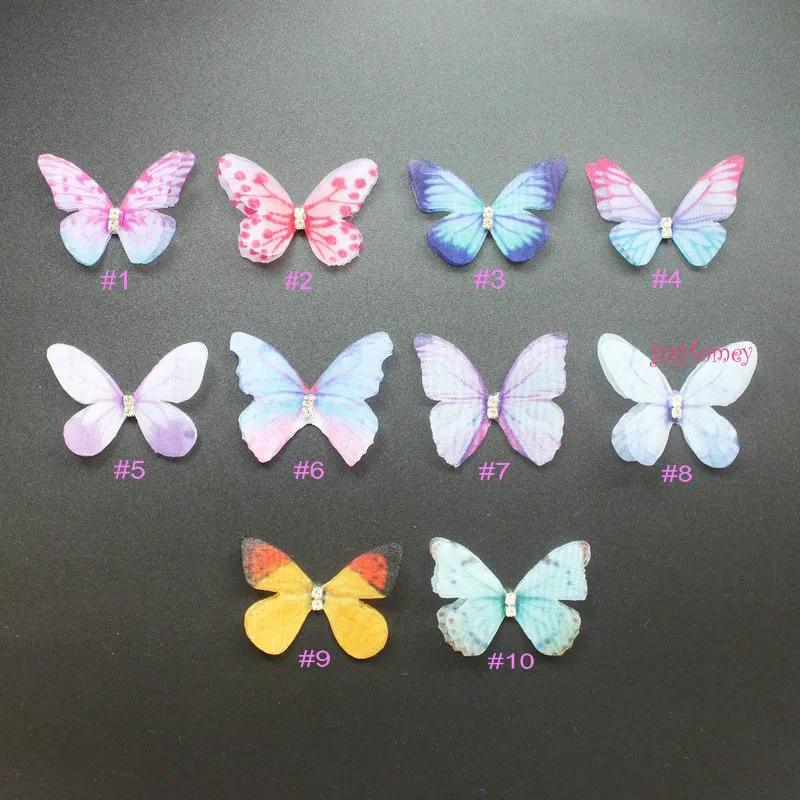 100 Stück bunte Organza-Stoff-Schmetterlings-Applikationen, 40 mm, durchscheinender Chiffon-Schmetterling für Party-Dekoration, Puppenverzierung 201203