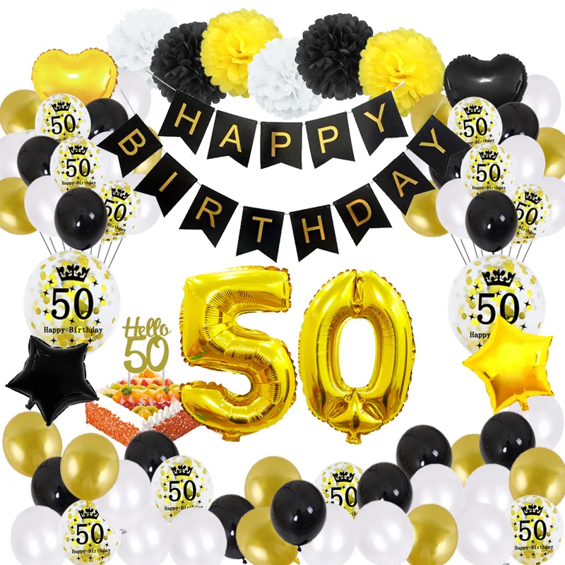 51 pièces/ensemble 30 décorations de fête d'anniversaire grande bannière heureuse femme homme déco Anniversaire 30 ans ballons dorés noirs 220217