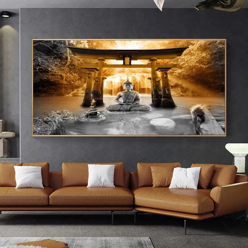 Bouddha cascade affiches impressions sur toile Religion peinture photos mur Art pour salon moderne décor à la maison lac pierre Cuadros