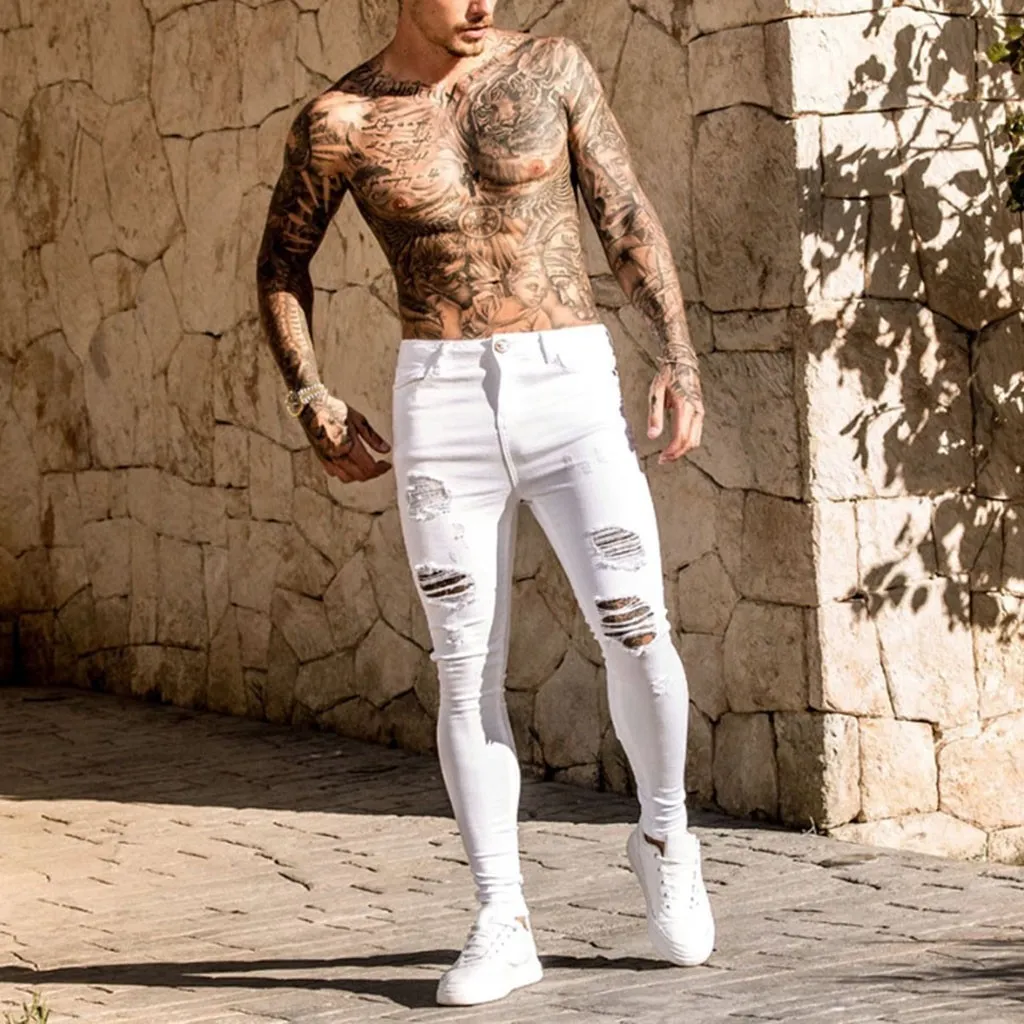 رجل بلون جينز جينز جديد أزياء سليم سروال رصاص مثير ثقب عارضة ممزق تصميم الشارع الشهير كول مصمم، أبيض أزرق 30H 201111