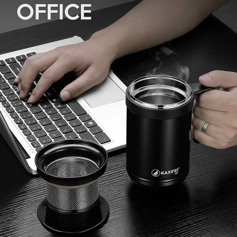 500 ml bureau d'affaires tasse thermos avec poignée filtre hommes en acier inoxydable fiole à vide isolation tasse cadeau personnalisé bouteille d'eau LJ201218