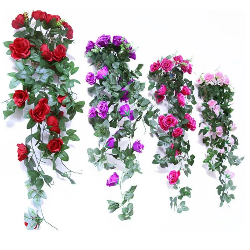 Tissu non tissé Simulation Rose Tenture Murale Vigne Artificielle Fausse Fleur Plante Panier Suspendu Salon Balcon Décoration242K