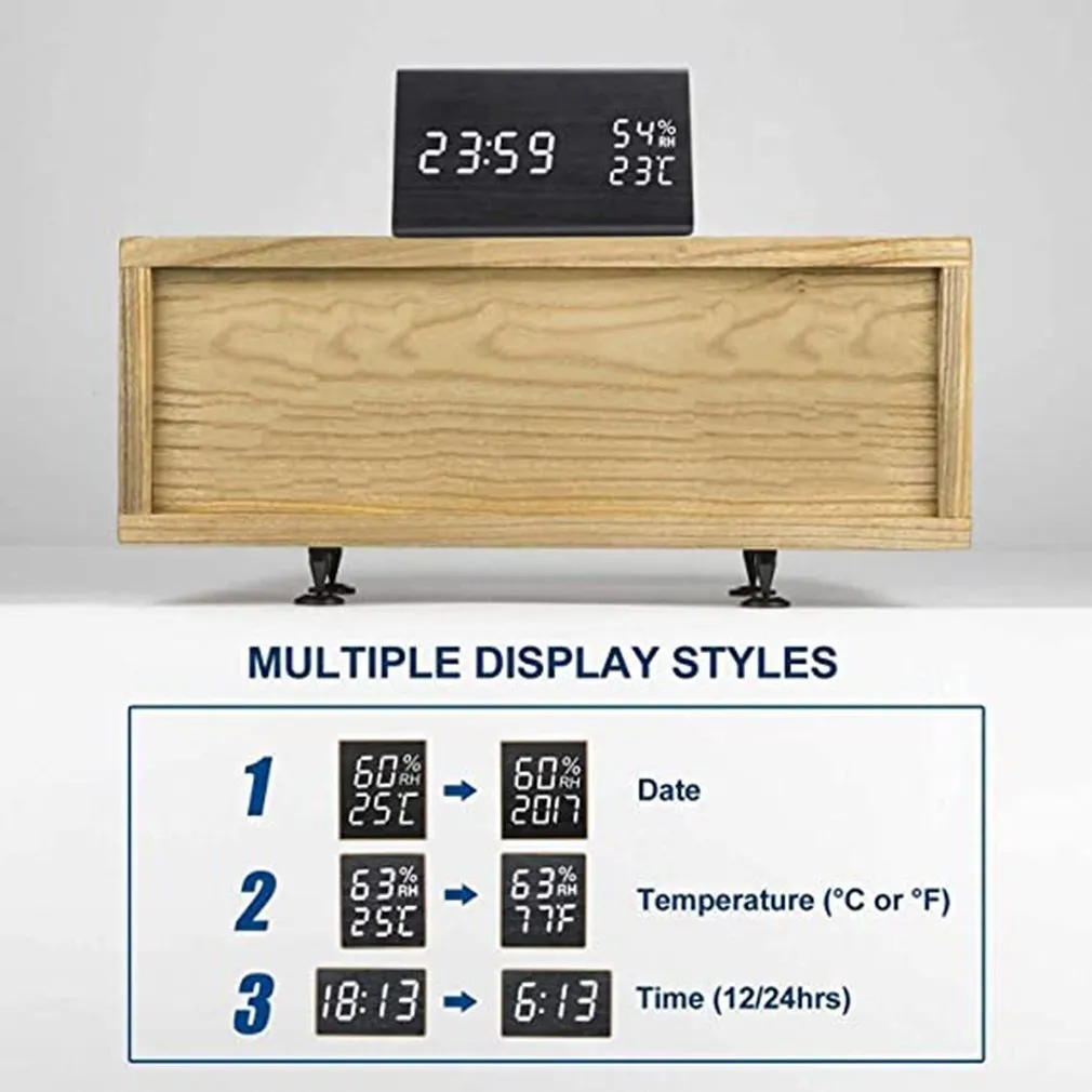 3 en 1 Humedad Temperatura Alarma Reloj Triángulo Digital Niños Bebé Habitación Reloj de madera Silencio Luminoso LED Relojes electrónicos 201120