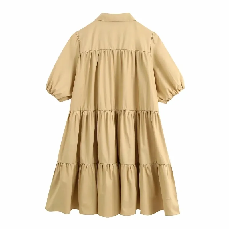 New Women simply puff sleeve solid color pleats big swing mini Dress office lady buttons Vestido Chic casual Dresses DS3781 T200613