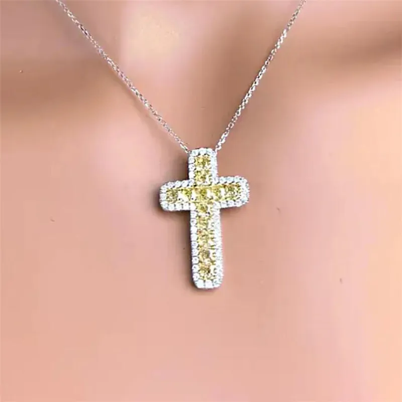 Hip Hop Vintage Fashion Jewelry 925 Sterling Silver CZ Diamant Geel Crystal Gemstones Party Women Wedding Cross Hanger Clavicle222Z