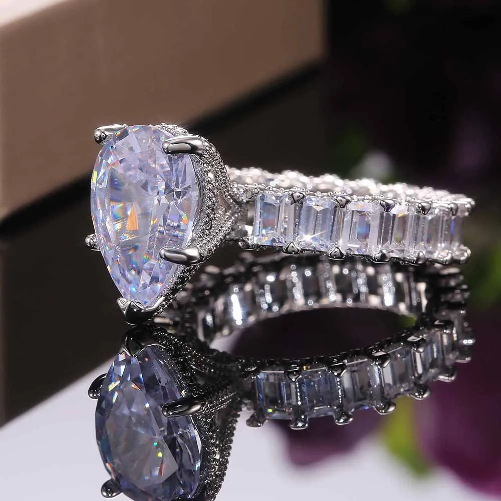 10CT Big Simulated Diamond Ring Vintage Jewelry Unique Cocktail Pear Cut White Topaz Gemstones Bröllopsförlovningsring för kvinnor292U