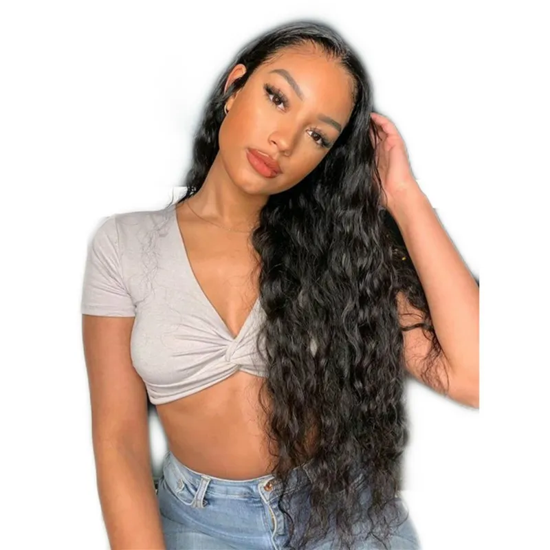 Deep Wave Wigs spetsar mänskliga hår peruker för svarta kvinnor Långt svart lockigt hår Glueless brasilianska remy lockigt mänskligt hår peruk9820361