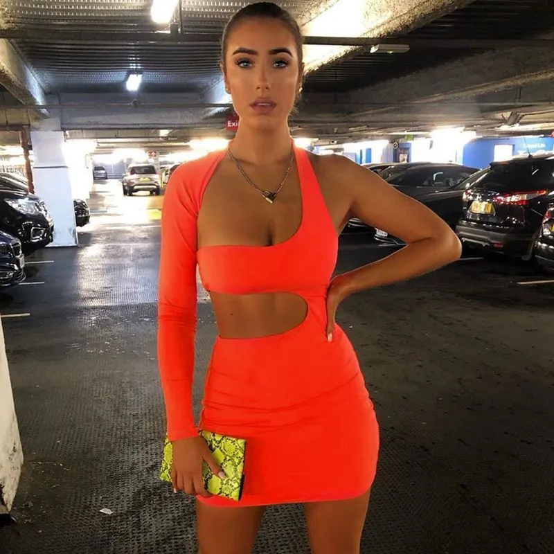 Haoyuan Neon Green Sexy Party Club Dress Women Fall Vestidos One Shoulder Långärmad Bodycon Dresses Backless Short Mini Dress T200604