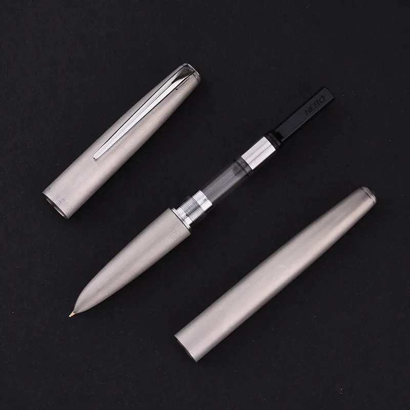 New Hero 100 14K Gold Matte Silver Steel Fountain Pen with Converter Classic Authentic Quality Outstanding Writing Gift Pen Set T200115