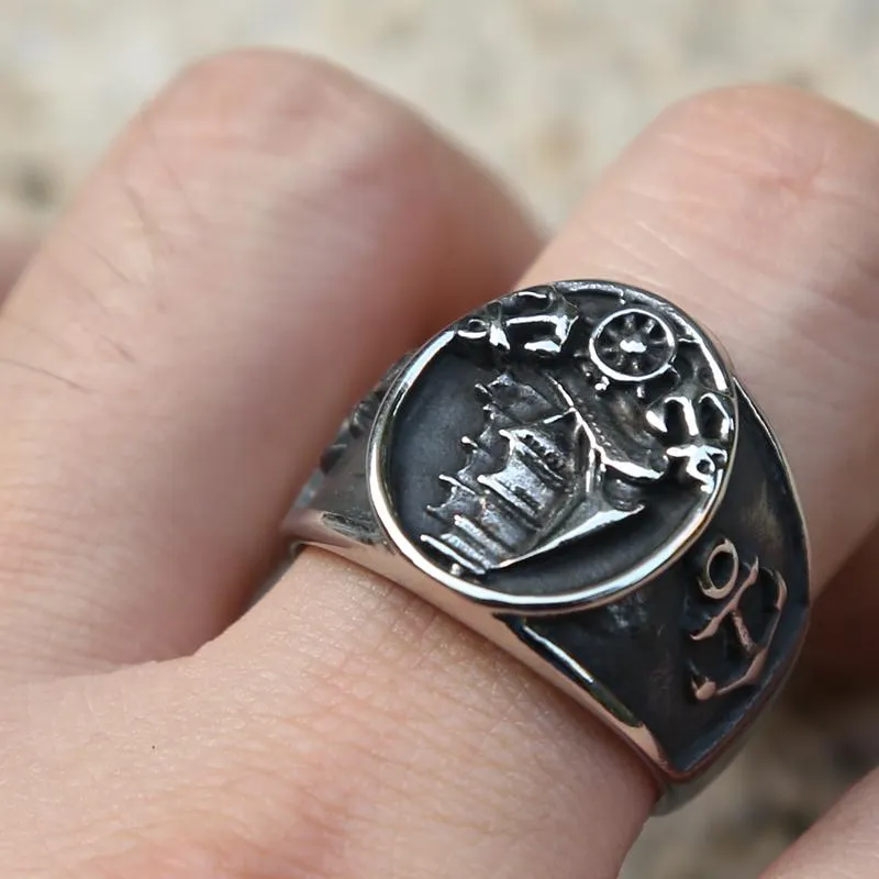 Cluster Rings Retro Nordic Viking Pirate Sailboat Punk Gothic Ring Men Women Stainless Steel Anchor Compass Biker Rock Jewelry1225S