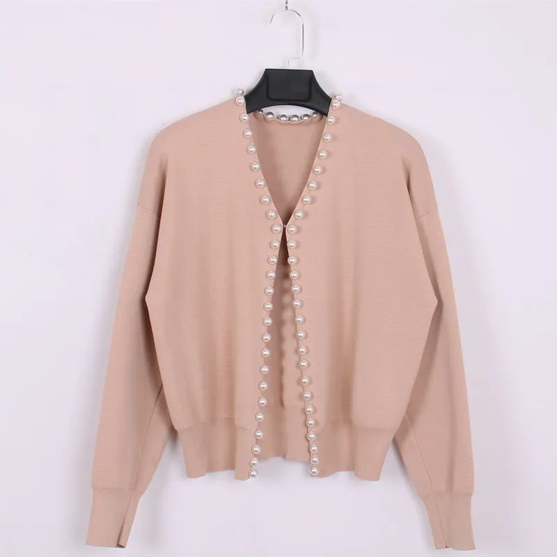 Runway Fashion V-neck Knitted Cardigan Women Sweater Autumn Winter Long Sleeve Female Pearl Beading Outwear Ladies Coat Jumper 201031