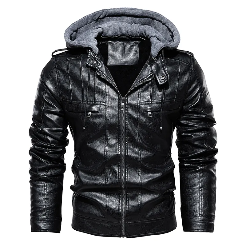 Mens Fashion Vintage Läderjacka dragkedja Huven Casual Coat Men Winter Slim Motorcykeljacka Märke Klädförbindelse 201104