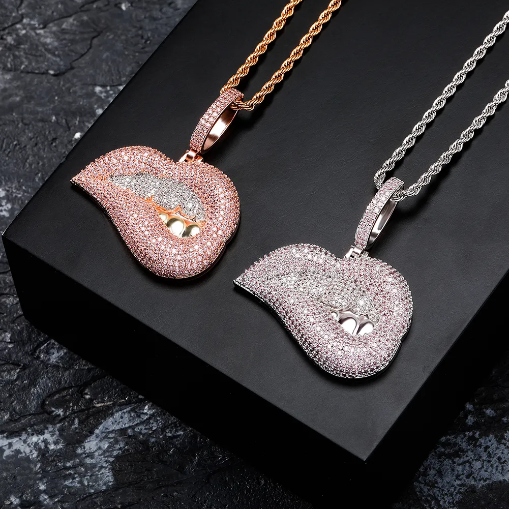 Deux tons rose violet zircon cubique breloque goutte à goutte lèvres pendentif collier Hip Hop glacé CZ bijoux à lèvres personnalisés Bijoux cadeau pour femme fille