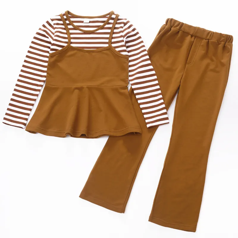 LZH Autumn Casual Teenager Girl Clothes Fashion Striped Pullover+Bell-Bottomed Pants Casual Children's Suits 4-12 Year