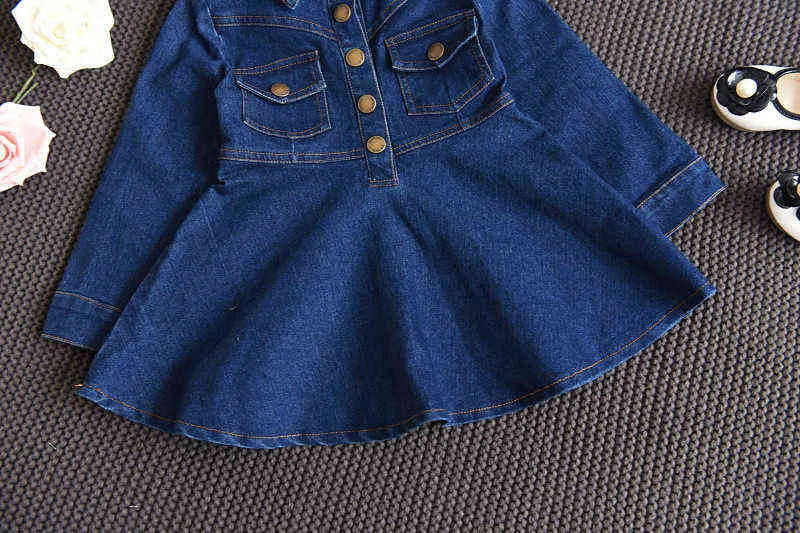 여자 데님 드레스 가을 중형 패션 아이 의류 긴 소매 옷깃 포켓 어린이 싱글 브레스트 211231