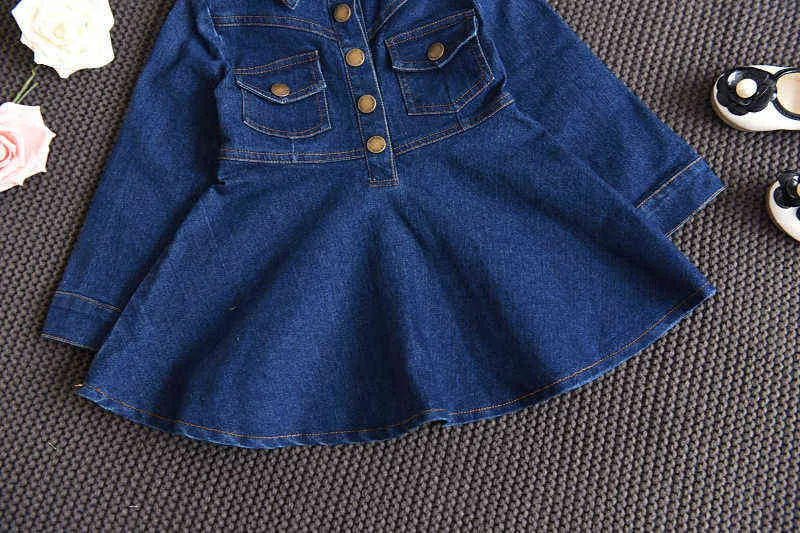 Girls Denim Dress Fall Small And Medium-Sized Fashion Kids Clothing Long Sleeve Lapel Pocket Children Single-Breasted 211231