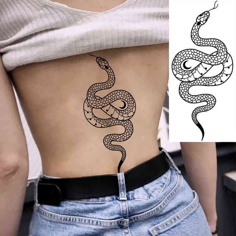 Foragage de serpent noir tatouages temporaires pour femmes hommes adultes serpent lune réaliste faux tatouage élégant transfert d'eau tatoos papier 08004677