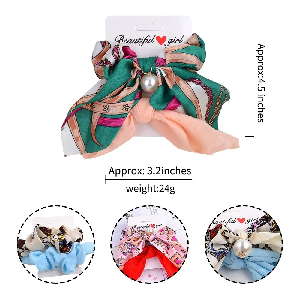 2 pzDonne Nuovo Chiffon Bowknot Fasce Elastiche Ragazze Perla Scrunchies Fascia Cravatte Coda di Cavallo Accessori Capelli Titolare