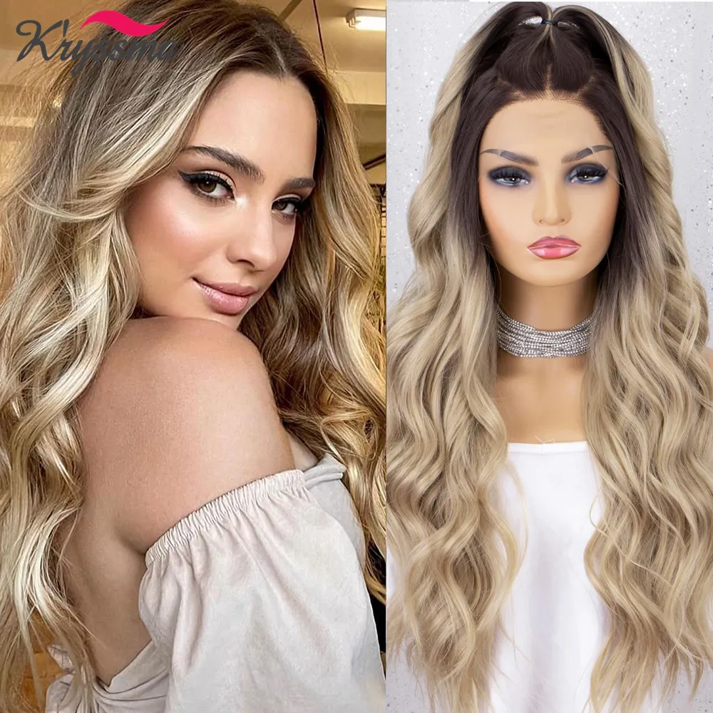 LX Brand Long Wavy Synthetic Wig Blonde Lace Front Wigs for Women Heat Resistant Natural Hairline Honey Blonde Wig Cosplay Hairfac6069239