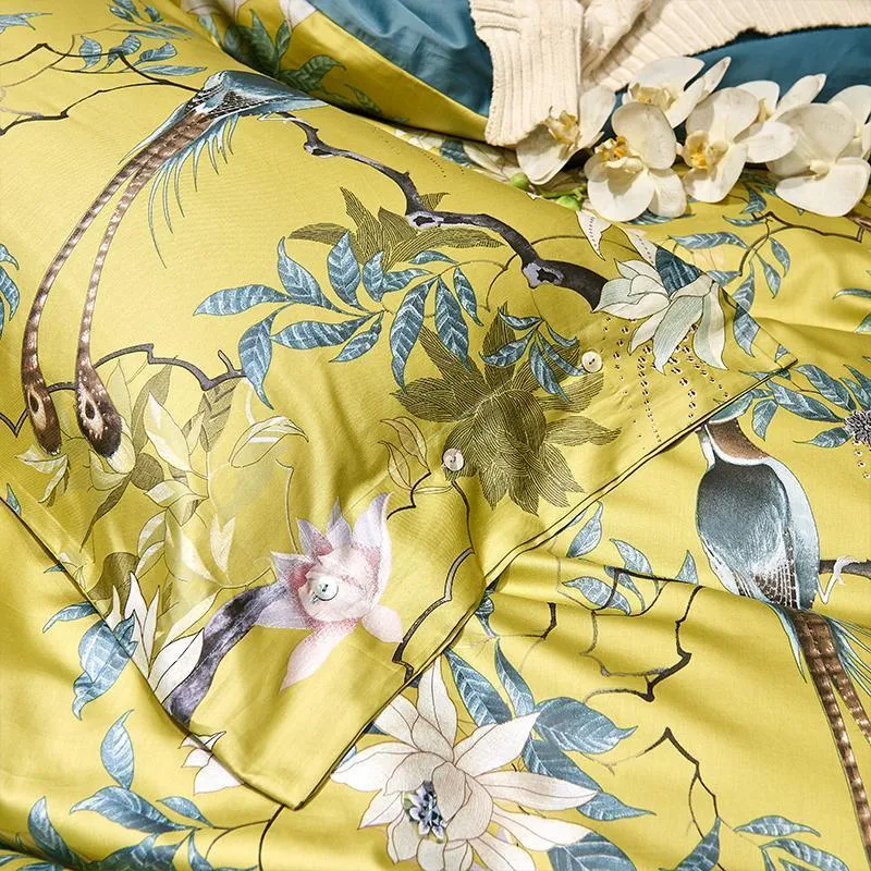 Giallo setoso cotone egiziano stile cineserie uccelli pianta copripiumino lenzuolo lenzuolo con angoli set king size set biancheria da letto 201021