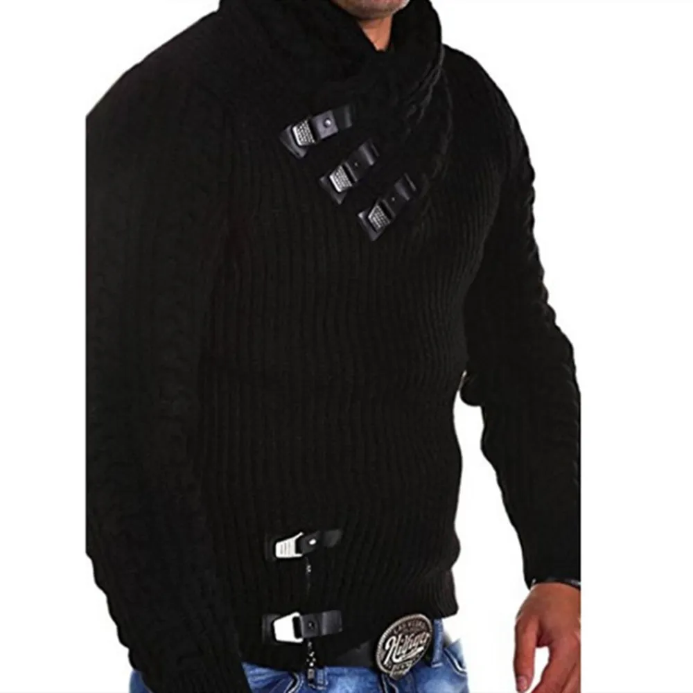 Pull pour hommes de mode couleur unie en cuir boucle couture à manches longues chandails minces pour hommes automne hiver mâle pull tricoté 201022