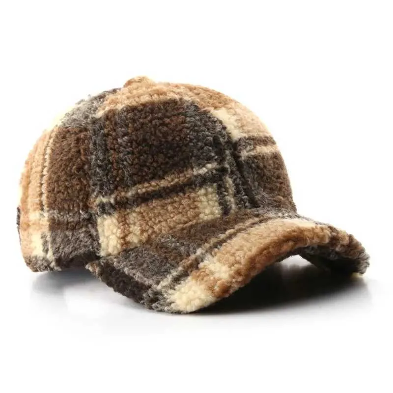 Lambswool Women's Baseball Cap Men's Cap For Female Plaid Thickened Winter Cold Sports