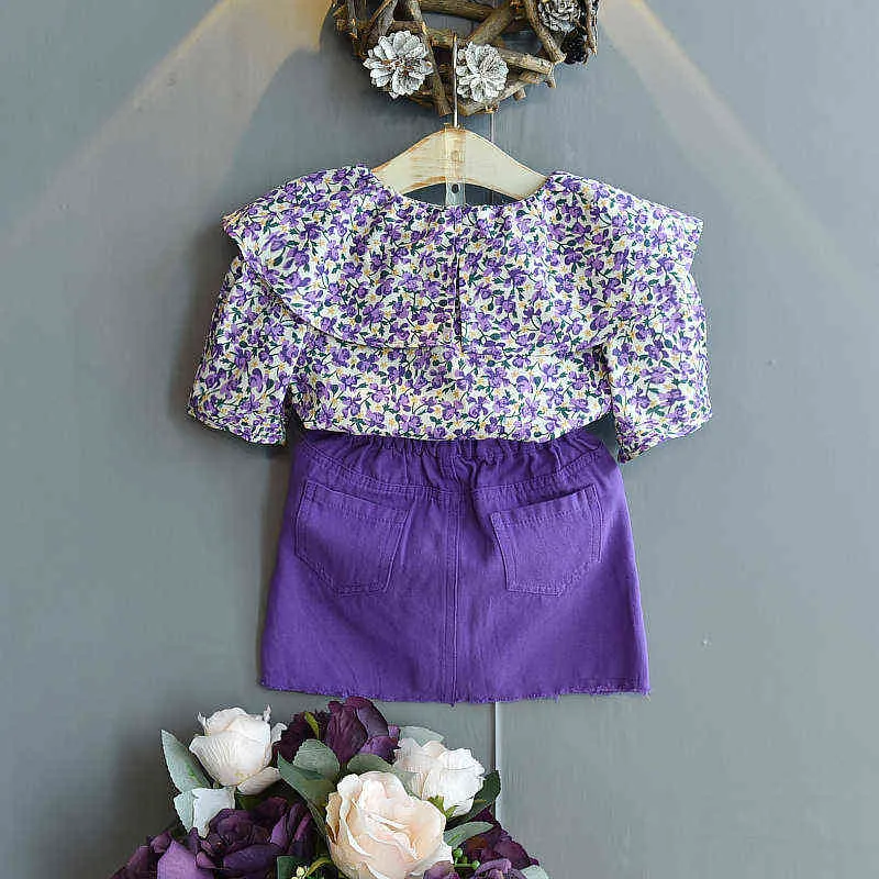Summer Kid Clothes Korean Fashion Flower Lotus Leaf Collar Shirt&skirt Little Girls Clothing Set Purple Children Outfits G220310