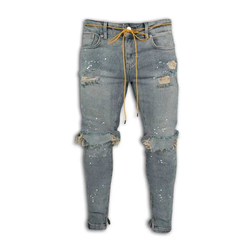 Ripped Hole Jeans för män Hip Hop Cargo Pant Distressed Light Blue Denim Skinny Kläder Full längd Höstbyxor 220308