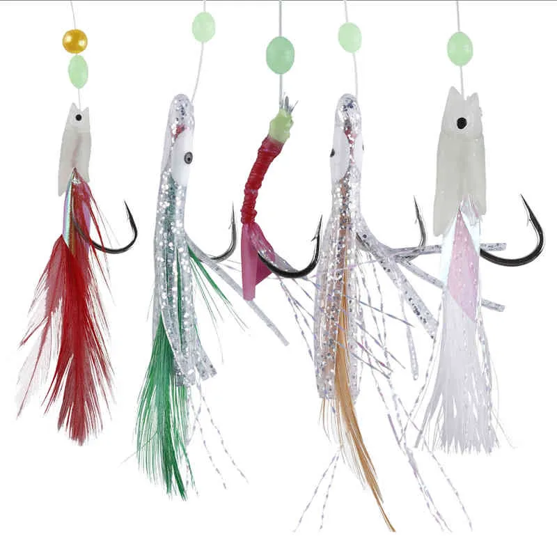 crochets de corde de peau de poisson Sabiki Rig lumineux crochet de pêche aux crevettes douces leurre appât mélange taille accessoires pour eau douce 211224