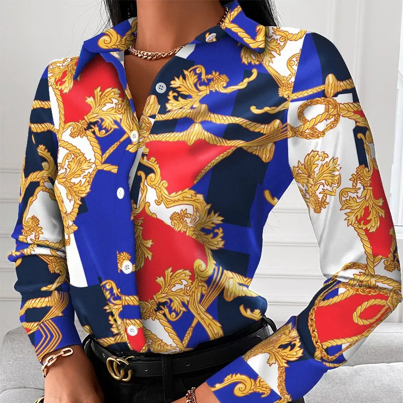 Mode chaîne léopard imprimé dame bureau chemise élégant col rabattu Blouse décontracté bouton à manches longues automne haut pour femme 220225