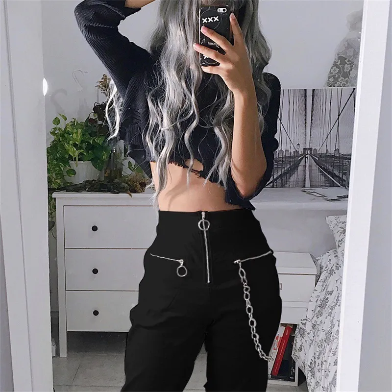 femmes zipper streetwear gothique harajuku sarouel décontracté avec chaîne solide pantalon noir cool mode hip hop pantalon long capris T200324