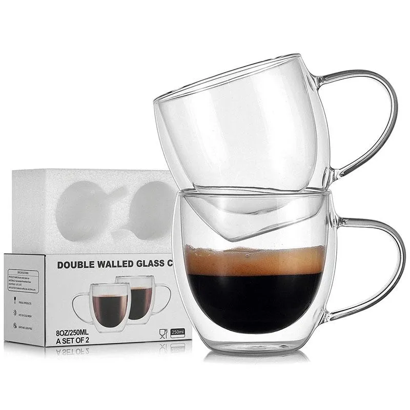 Tazze Tazza in vetro a doppia parete Resistente al calore Latte Whisky Tè Birra Trasparente Caffè espresso Bicchieri Bicchieri Bicchieri289P