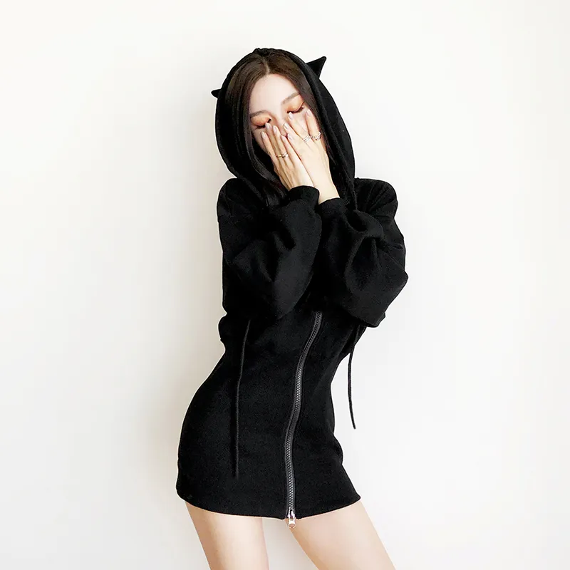 Kawaii hoodie harajuku långa tröja kvinnor svart punk gothic hoodies hoody ladies zip-up höst söta öron katt hoodies y200930