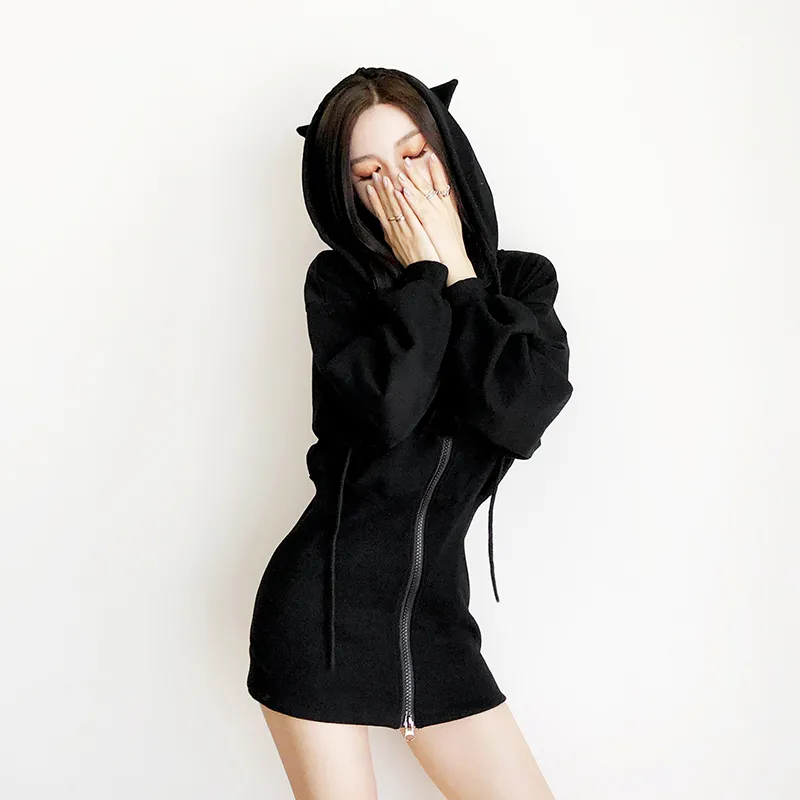 Kawaii Hoodie Harajuku Long Sweatshirt Women Black Punk Gothic Hoodies Hoody Ladies Zip-up Autumn Cute Ear Cat Hoodies Y200930