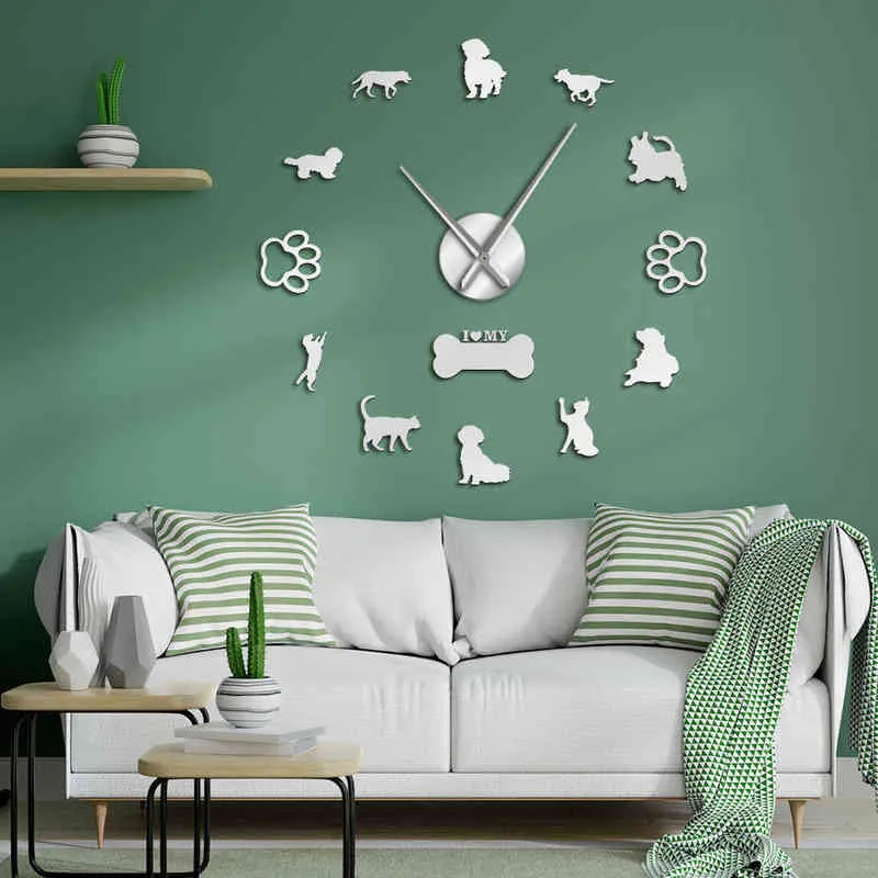 3D Chats Et Chiens DIY Mur Décoratif Muet Grande Horloge Murale Animaux Autocollant Mural Sans Cadre Montre Géante Décor À La Maison Animaux Propriétaire Cadeau H1230