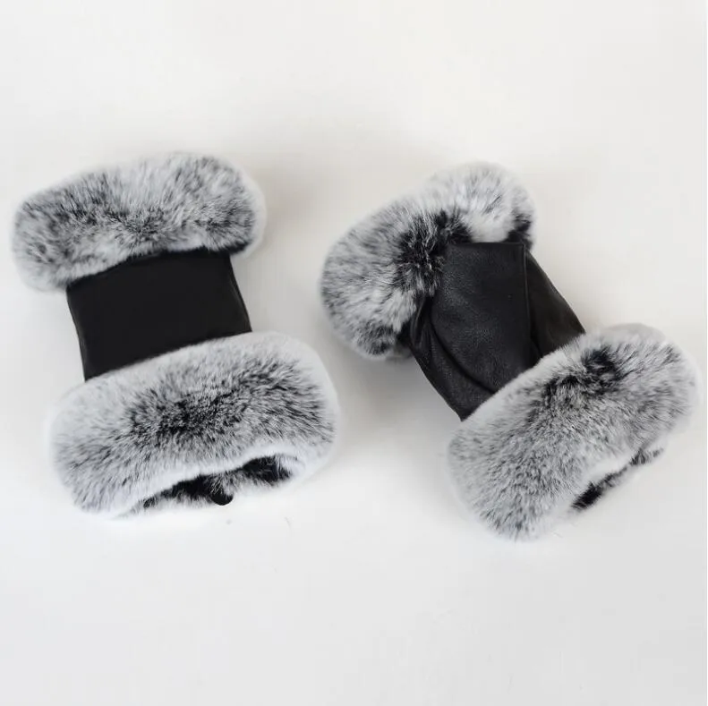 Outdoor autumn and winter women's sheepskin gloves Rex rabbit fur mouth half-cut computer typing foreign trade leather clothi316Z