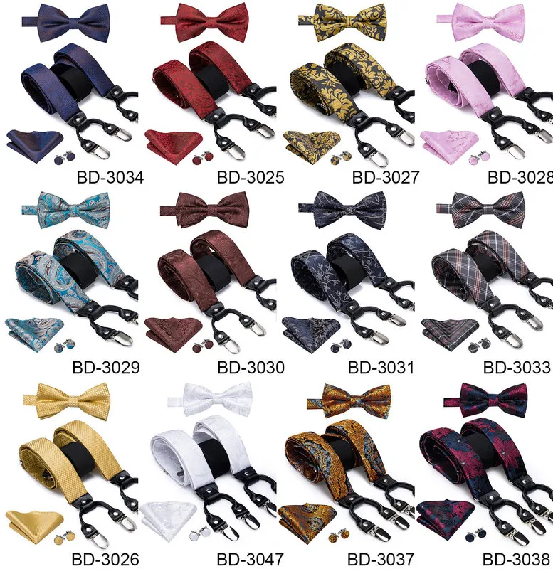 Luxury Silk Adult Men's Suspenders Leather Metal 6 Clips Braces Wedding Party Bow Tie and Vintage Elastic Men 220221