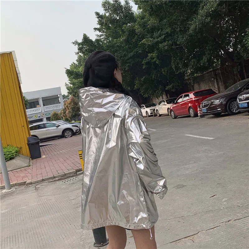 Loose Shiny Jacket Women Casual Neon Jacket Hooded Windbreaker Silver Jacket Summer Thin Jackets Plus Size Long Sleeve Outerwear T200111