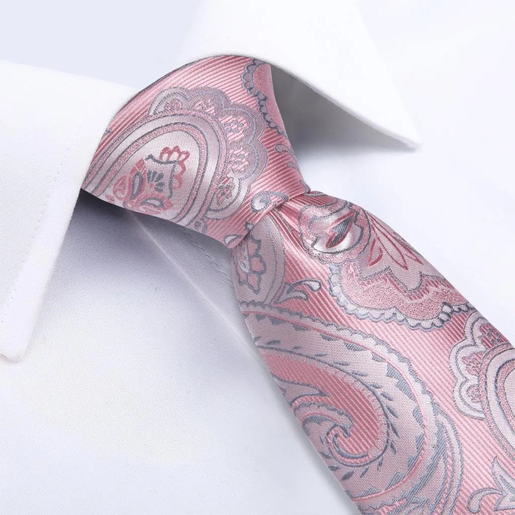 Mentide Coltie Pink Silver Paisley Design Tiah pour hommes pour hommes Colure Ring Tie en soie ensemble Hanky Cuffe Links Dibangu Business JZ0371873263943