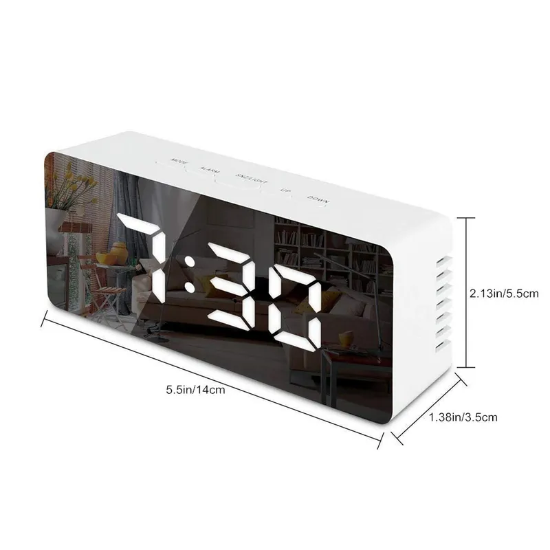 LED Mirror Alarm Clock Digital Sze Table Wake Up Light Electronic Large Time Temperature Display Home Decoration 220311