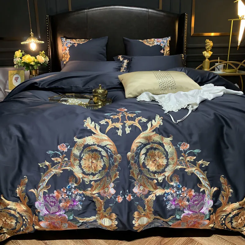 Luxury Egyptian Cotton Navy Blue Bedding set Premium Embroidery US Queen King size 4/Duvet cover Bed Sheet Pillow shams LJ200819