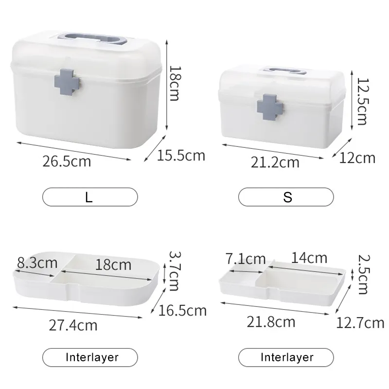 New Portable Empty First Aid Box Clear 2-Tray Plastic Medication Storage Box for Home with Divider Inserts and Handle White Y1113