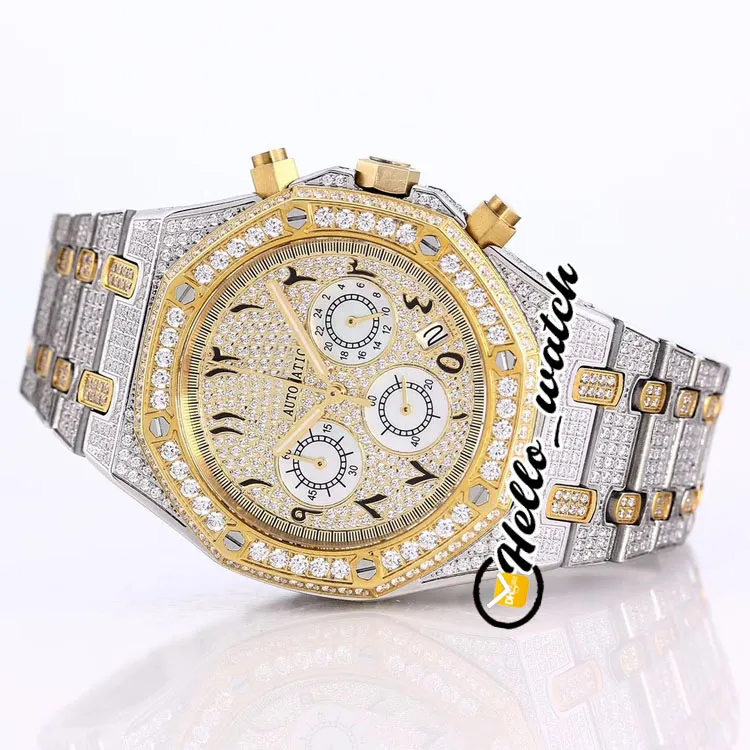 Volledige Iced Out Diamond Watches Pave Two Tone Yellow Gold Arabische cijfers Markers Dial VK Quartz Chronograaf Herenhorloge Sport Hello 303v