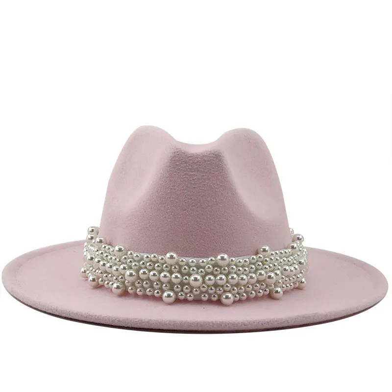 Wełna Jazz Fedora Kapelusze Dorywczo Kobiety Skórzane Pearl Wstążka Filc Hat White Pink Yellow Panama Trilby Formal Party Cap 58-61cm 201013