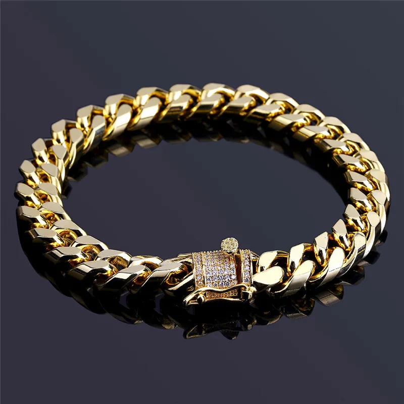 high quality cool mens bracelet designer cuban link chain gold bracelet man Copper jewelry AAA Cubic Zirconia Silver Bangle Hip Ho173e