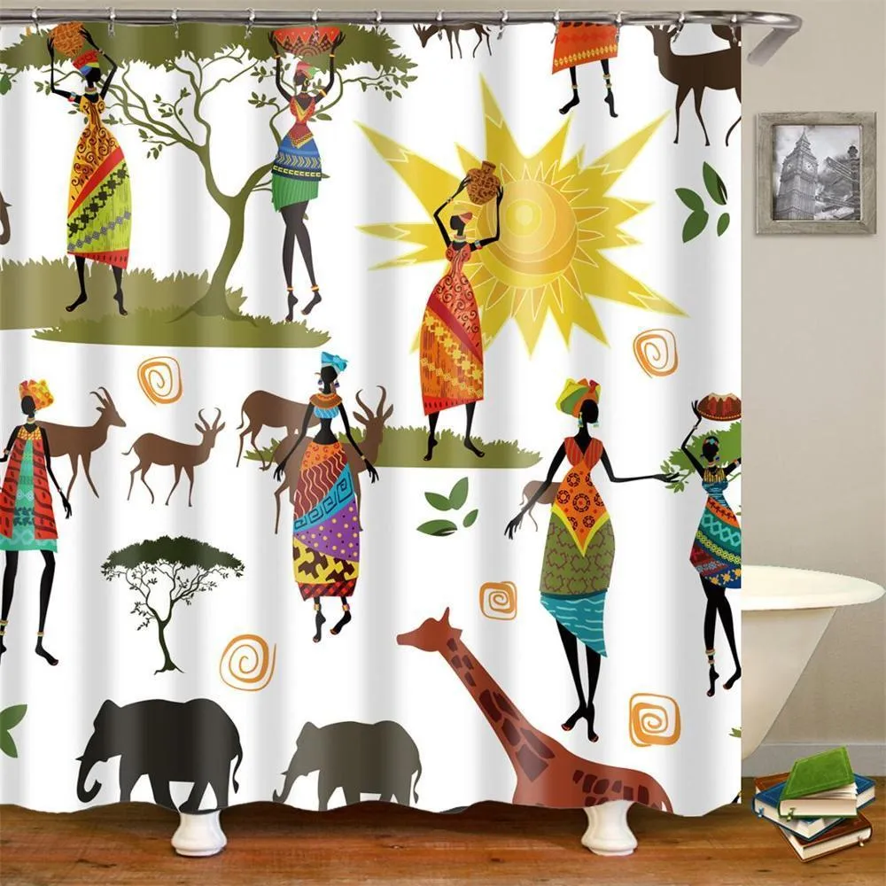 TIBLE ETNIC Dusch gardin American African Woman Dancing Design Polyester Tyg Badrum Gardiner med krokar Orange T200711