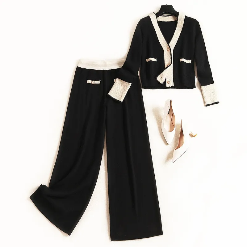 2023 Autumn Two Piece Pants Long Sleeve V Neck Black Contrast Color Single-Breasted Cardigans Sweater + Panelled Long Pants Two Piece Set 1OD28F288