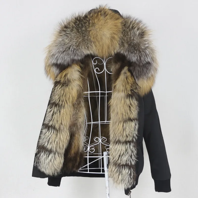 Vattentät bombplan Short Parka Winter Jacket Kvinnor Real Fur Coat Natural Päls ytterkläder Huven tjock varm streetwear 201126