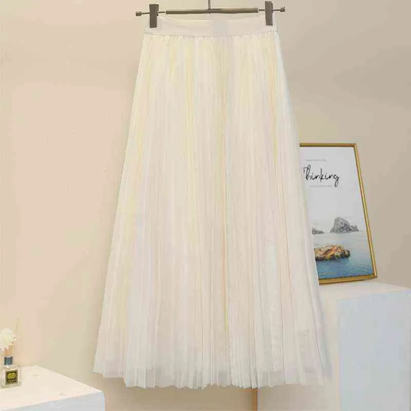 Spring Beige Long Mesh Skirt Office Lady England Preppy Style High Street Elastic Waist Basic Apricot Accordion Skirts G220309